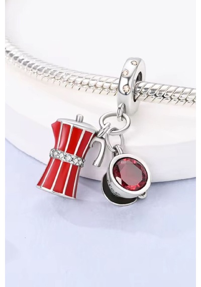 Kırmızı Pot Makinesi Ve Kahve Sallantılı Charm Gümüş