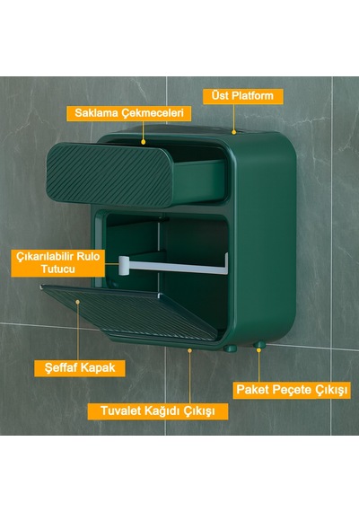 Tuvalet Kağıtlığı Yapışkanlı Duvar Tipi Tuvalet Kağıtlığı Çok Fonksiyonlu Tuvalet Kağıdı Komidini Zümrüt Yeşili