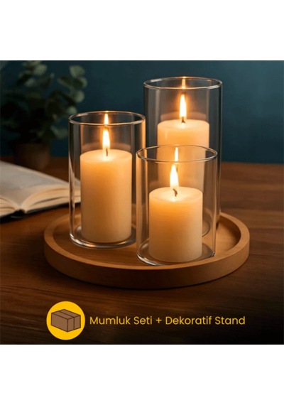 Dekoratif 4'lü Set, Bambu Sunumluk Ve 3'lü Mumluk Seti, Isıya Dayanıklı Borosilikat Cam Mumluklar Ahşap
