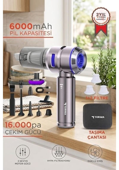 Delux Serisi Seyahat Boy Küçük Ev Aleti Şarjlı Model Araç İçi Süpürge 4ın1 Hl121 Mavi 17000pa