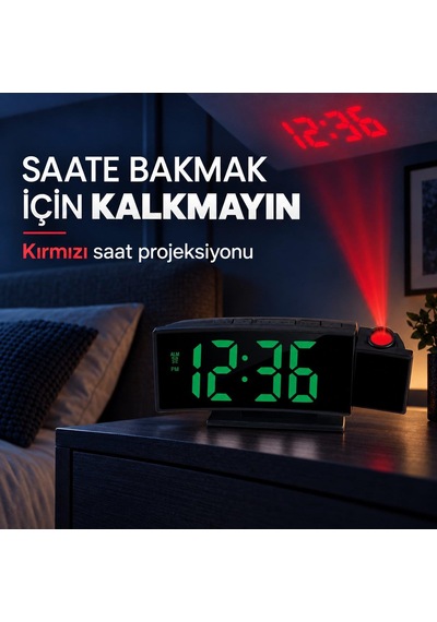Valkyrie Projeksiyonlu Dijital Masa Saati Yeşil Led Ekranlı Alarm Snooze Sıcaklık Tarih Usb Ve Pil Siyah
