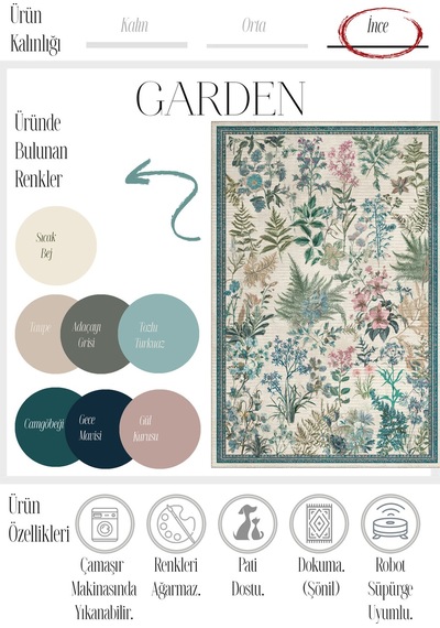 Garden 813 Bej Botanik Çiçekli Halı Yıkanabilir İnce Dokuma Taban Salon Oturma Odası Halısı Yeşil Bej D