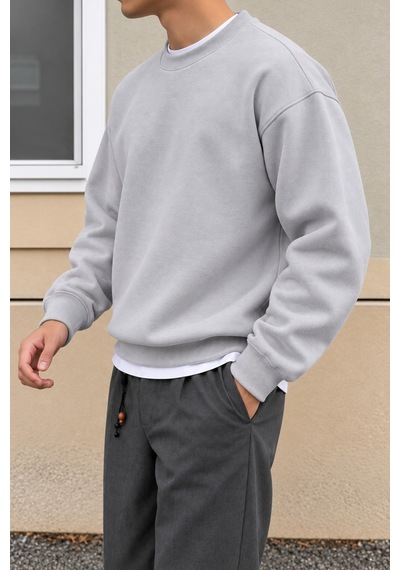 Tarz Cool Erkek 3 İplik Şardonlu Regular Fit Bisiklet Yaka Basic Sweatshirt Gümüş