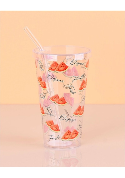Desenli Plastik Pipetli Bardak 16 Cm 1 Adet Royaleks-enf-040