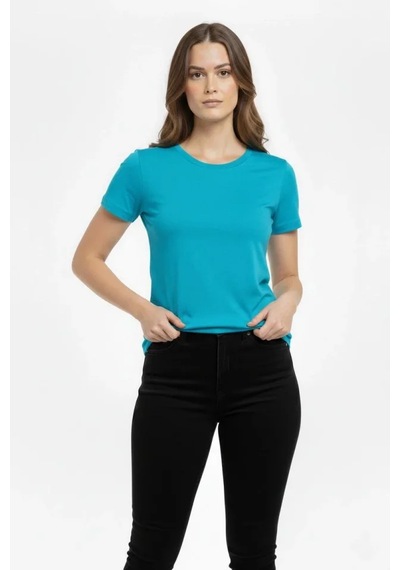 Kadın Turkuvaz Bisiklet Yaka Slim Fit Likralı Günlük Basic Body T Turkuaz