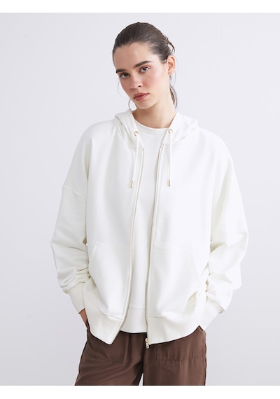 Lcw Vision Ekru Kapüşonlu Oversize Kadın Fermuarlı Sweatshirt