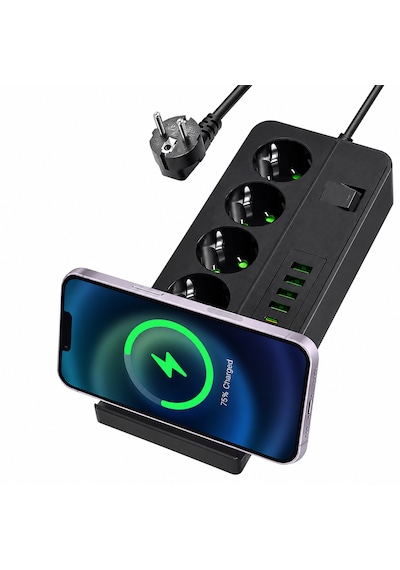 4'lü Akım Korumalı Masaüstü Priz 4 Usb-a + 2 Type-c Hızlı Şarj Kablosuz Şarj Standlı 2 Metre Kablolu Çoklu Priz 0 - 2 M