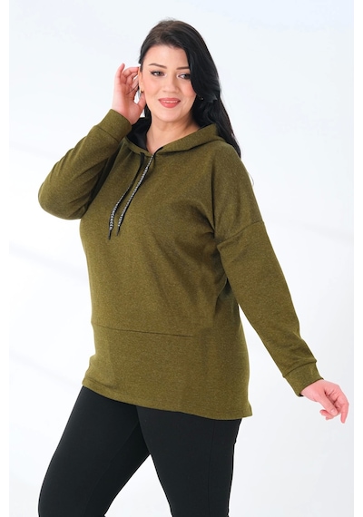 Lady Majestic Büyük Beden Kapüşonlu Sweatshirt Haki
