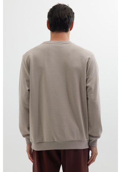 Tudors Unisex Relax Fit Rahat Kesim %100 Pamuk 3 İplik Basic Bej Bisiklet Yaka Sweatshirt-35145 Bej