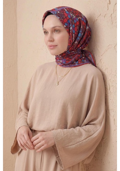 Silk Home Soft Eşarp Geometrik Bordo 90x90 Çok Renkli