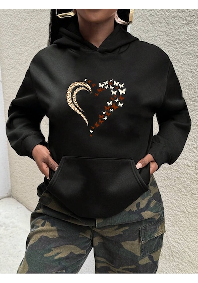 Uyguntarz Unisex Leopar Kalp Desenli Baskılı Oversize Sweatshirt siyah