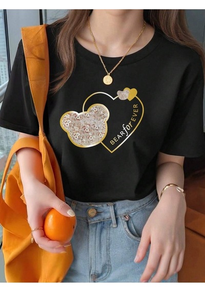 Flood Of Style Kadın Siyah Bear For Ever Baskılı Oversize