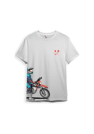 Cross Motor Enduro Ekipmanları Göğüs Ve Yan Detay Baskılı Regular Fit %100 Pamuk Beyaz T-shirt Beyaz