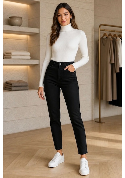 Woddi Çınar Kadın Siyah Mom Likralı Jean Kot Pantolon New-2