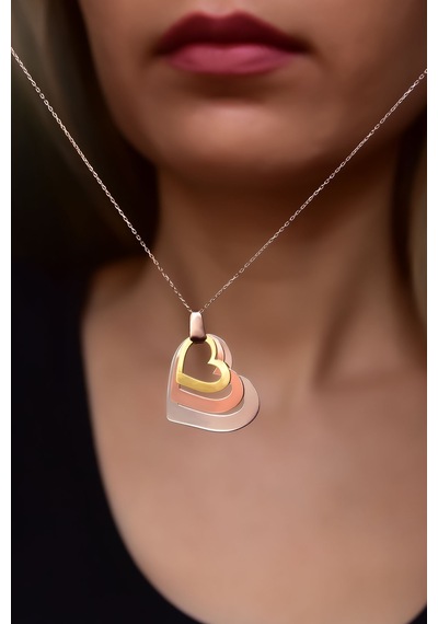925 Ayar Rose-Rodyum-Gold Kaplama Üçlü Kalp Kolye UVPTS100252