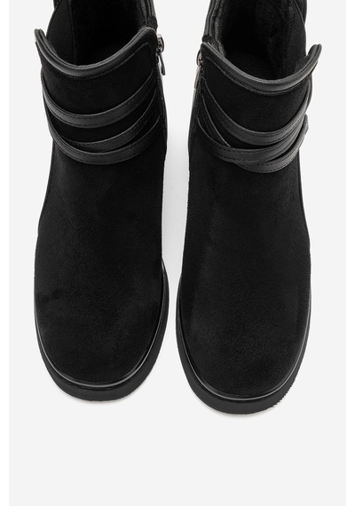Luvi Shoes Venıce Siyah Süet Kemerli Kalın Topuklu Kadın Bot