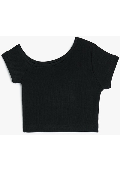 Koton Crop Tişört Asimetrik Yaka Kısa Kollu Pamuklu Siyah 4skg10107ak Siyah