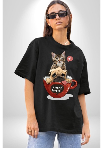 Kedi Ve Köpek Sonsuzadek Arkadaşız Pamuklu Bisiklet Yaka Unisex Oversize Boyfriend Dijital Baskılı Siyah T-shirt Siyah