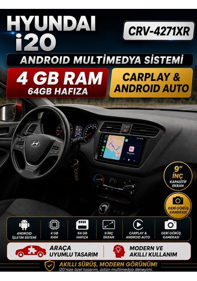 Hyundai I20 Android Multimedya Sistemi 2018-2019 Crv-4271xr 9"