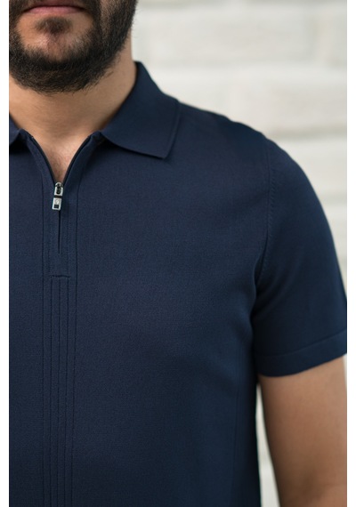 San&fa Slimfit Fermuar Kapamalı Rayon Kumaş Likralı Polo Yaka T-shirt Lacivert