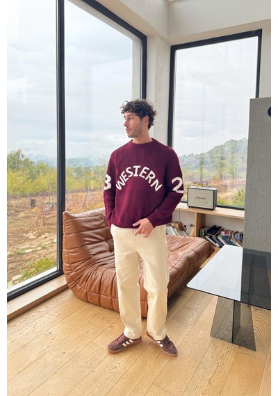 Flaw Western Nakışlı Triko Kazak Bordo Bordo
