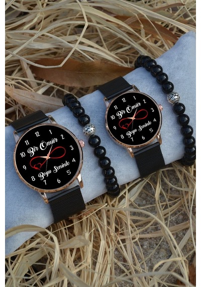Siyah Rose Gold Hasır Çift Bir Ömür Boyu Saat Ve Bileklik Hediyeli Çift Sevgili Saatleri