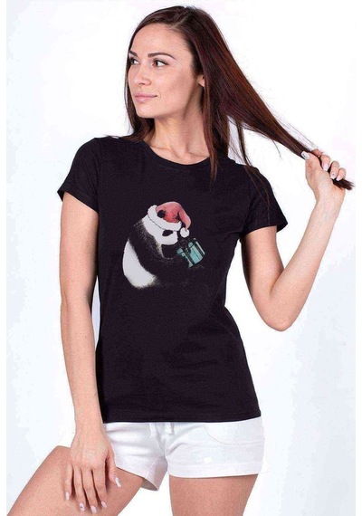 Kırmızı Başlıklı Panda Baskılı Siyah Kadın Tshirt