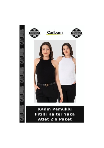 Carlburn Premium Kadın Pamuklu Fitilli Halter Yaka Atlet 2'li Paket Giyim Örme Gardırop Beyaz Siyah