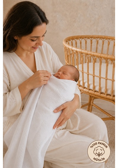 Çift Katlı %100 Organik Pamuk Bebek Yenidoğan Çok Amaçlı Müslin Örtü & Battaniye 80x90 Cm Oeko-tex Sertifikalı Kırık Beyaz