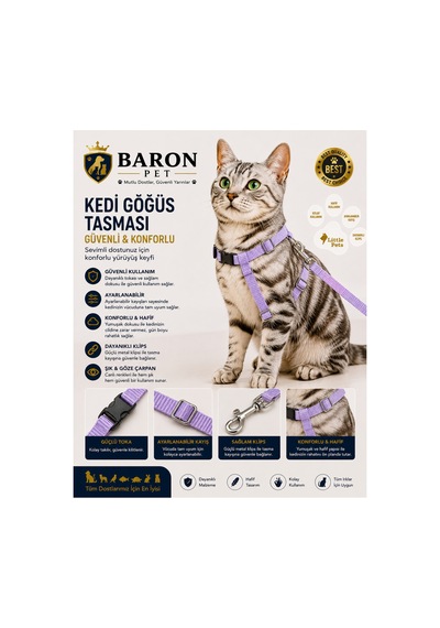 Kedi Göğüs Tasması Ve Gezdirme Kayışı Seti Lila Düz Ayarlanabilir