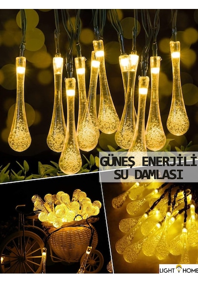 50 Led 7 Metre Sarı Su Damlası Kristal Solar Led Işık Güneş Enerjili Bahçe Teras Balkon Ağaç Lambası Aydınlatma