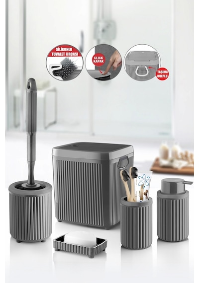 Decorev 5 Parça Gri Click Kapaklı Silikon Fırçalı Taşıma Kulplu Banyo Seti 5 Litre Beyaz