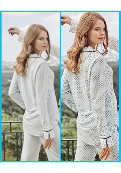 Bone Club 5125 Mavi Noktalı Önden Düğmeli Lohusa Pijama Tk