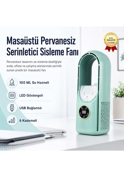 Pervanesiz 6 Kademeli Sisleme Fanı 100ml Su Hazneli Masaüstü Serinletici-1641