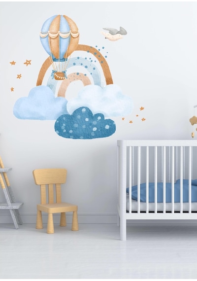 MSticker Sevimli Bulutlar Gökkuşağı Ve Uçan Balon Mavi Çocuk Odası Sticker