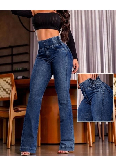 Valensdesign Kadın Yüksek Bel Yanları Lastik Önü Düğmeli Kot Pantolon Lacivert