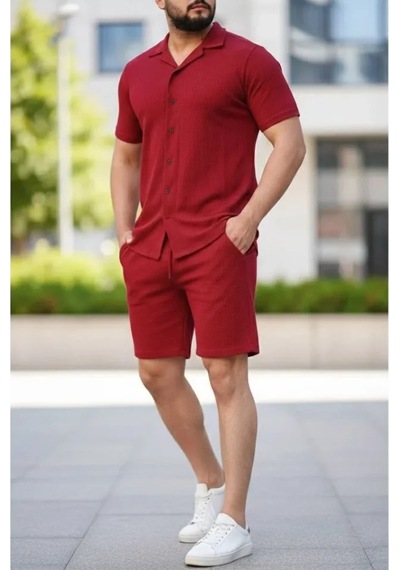 Efnaz Style Erkek Waffle Kumaş Kısa Kollu Gömlek Şort Takım Regular Fit Yazlık İkili Set - Bordo
