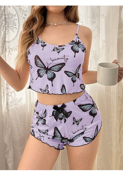 Melonika Mor Renk Kelebek Desenli Şortlu Ev Giyim Takımı,kadın Yazlık Askılı Pijama, Rahat Ve Şık Ev Giyim Çok Renkli