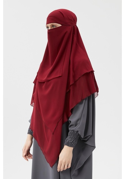 Altobeh Hazır Pratik Şifon Üç Katlı Peçeli Üçgen Hac Umre Şalı Sufle Hijab Nikap Bordo