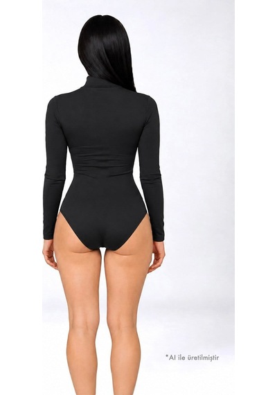 Cottonhıll Premium - Drape Collection Siyah Viskon Balıkçı Yaka Uzun Kollu Çıtçıtlı Kadın Bodysuit