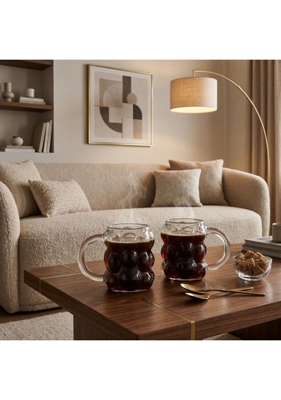 Boncuk Desenli Borosilikat Cam Bardak, 350 Ml Geniş Kapasite, Isıya Dayanıklı Yapı, Bulaşık Makinesinde Yıkanabilir, Ev Ofis Restoran İçin Uygun Kulplu Kahve Espresso Sunum Bardağı çok renkli