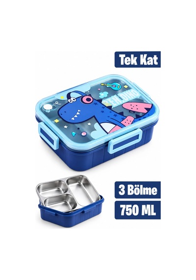 750 Ml Lunchbox Dinazor Desenli Tek Katlı 3 Bölmeli Paslanmaz Çelik Beslenme Kabı- Sefer Tası Mavi