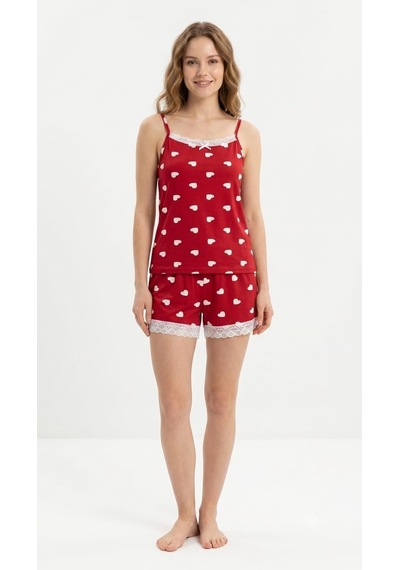 Suısy Ruby Heart Kırmızı Kalp Desenli Battal Askılı Şortlu Pijama Takımı