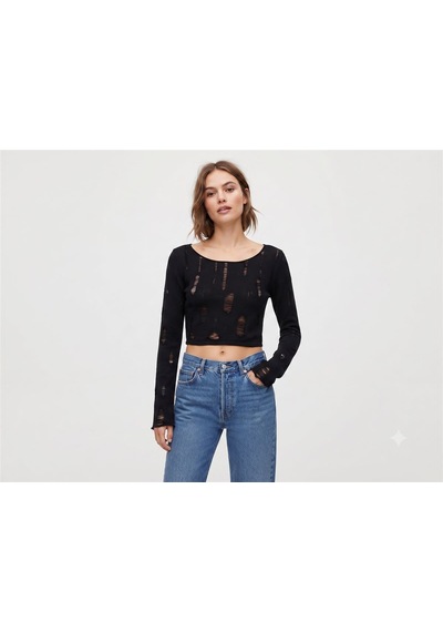Neden Tekstil Siyah Delikli Uzun Kollu Crop Bluz