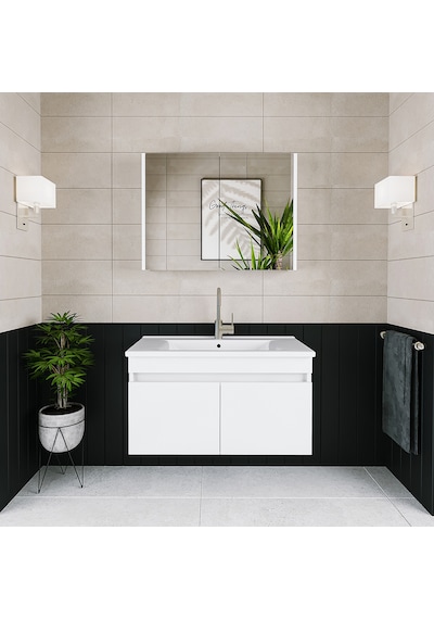 Banos Al3 Lavabolu Beyaz 85 Cm Aynalı Banyo Dolabı Takımı Beyaz