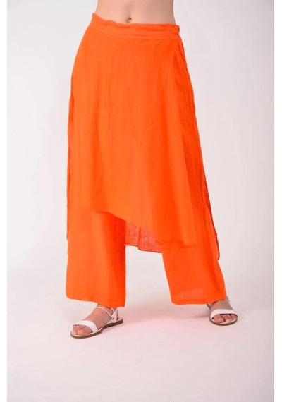 Bohem Stil İtalyan Ham Keten Pantolon Etek-8747 Oranj