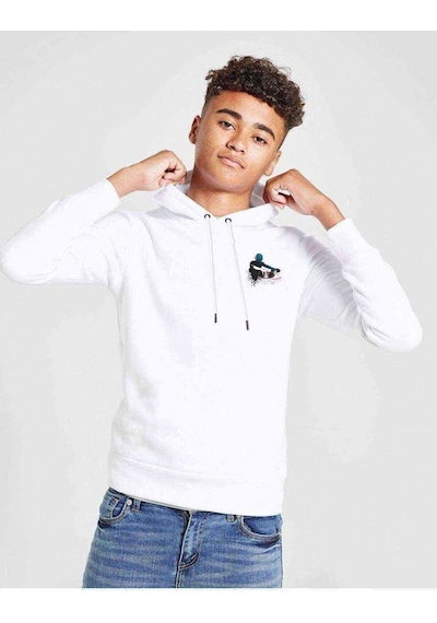 Tshirthane Dj Disk Jokey Mavi Çizgi Baskılı Unisex Çocuk Kapüşonlu Sweat Beyaz