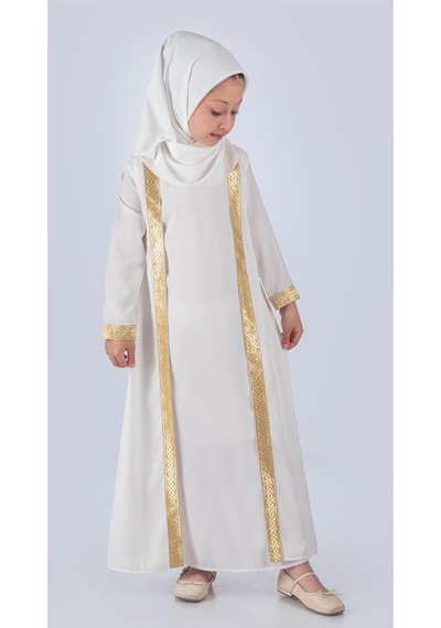 Medine İpek Kumaş Eşarplı Tesettür Namaz Elbise M00742 Ekru