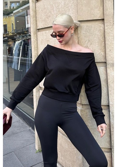 Madmext Siyah Kayık Yaka Kadın Sweatshirt Mg2239 Siyah