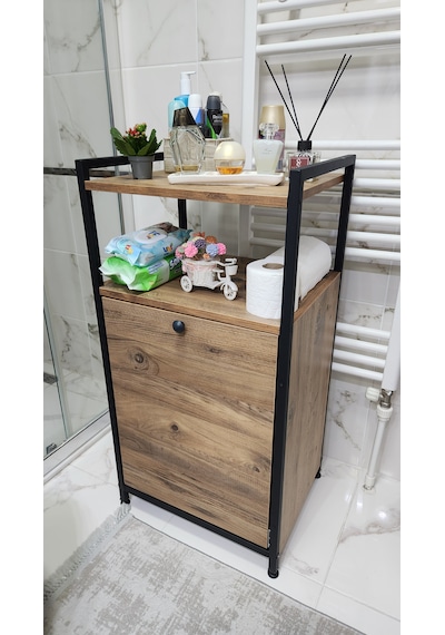 Yıkanabilir Kumaş Kirli Çamaşır Sepeti Organizeri Metal, Ahşap Raflı, Mobilya